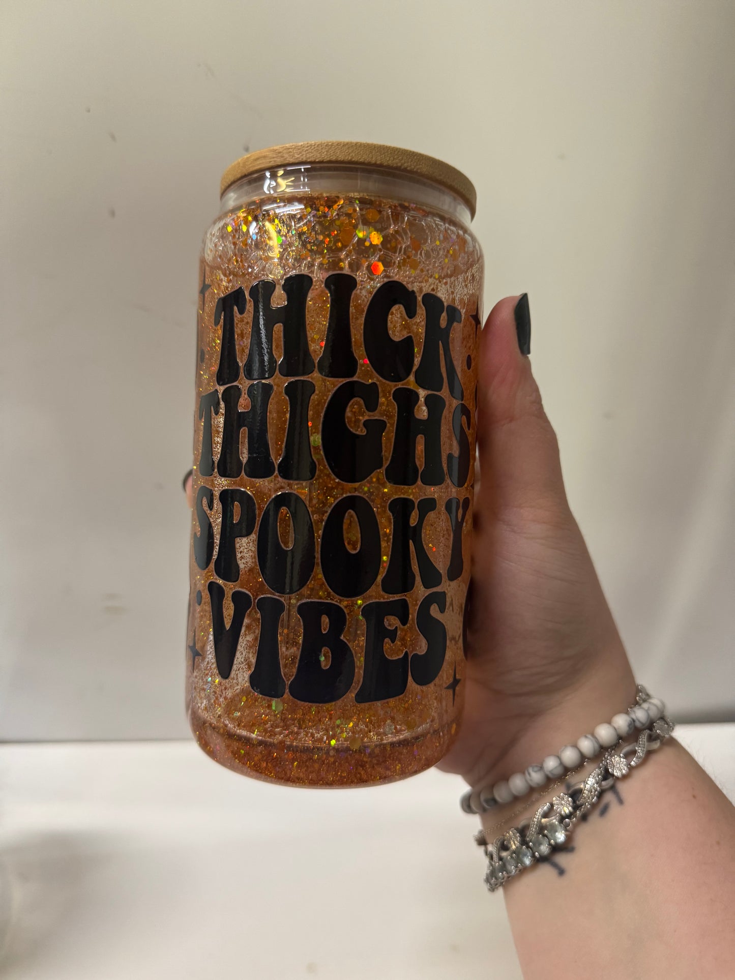 Spooky vibes double wall glitter glass cup