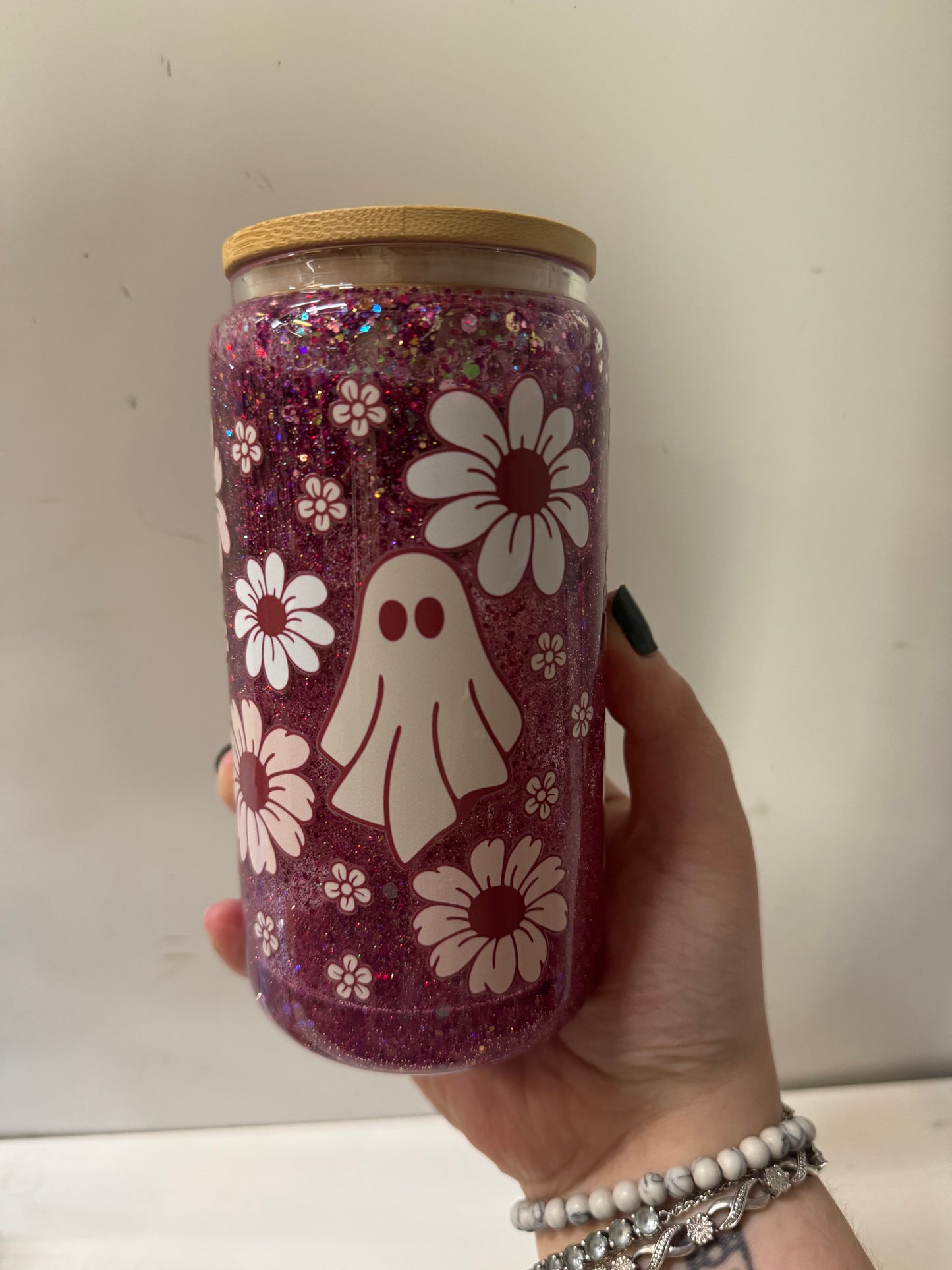 Flower ghost double walled glitter glass cup