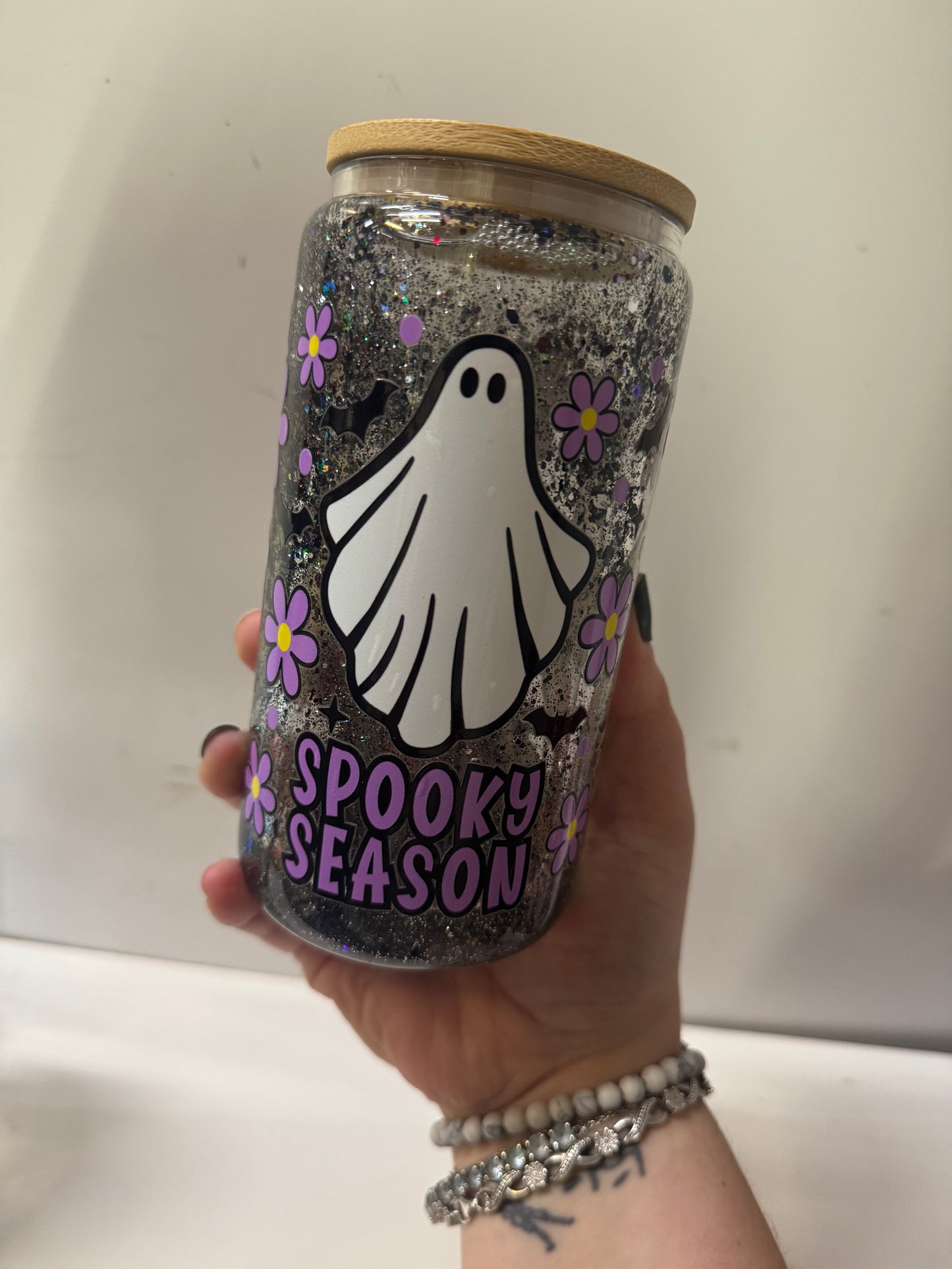 Spooky season double wall glitter glass cup