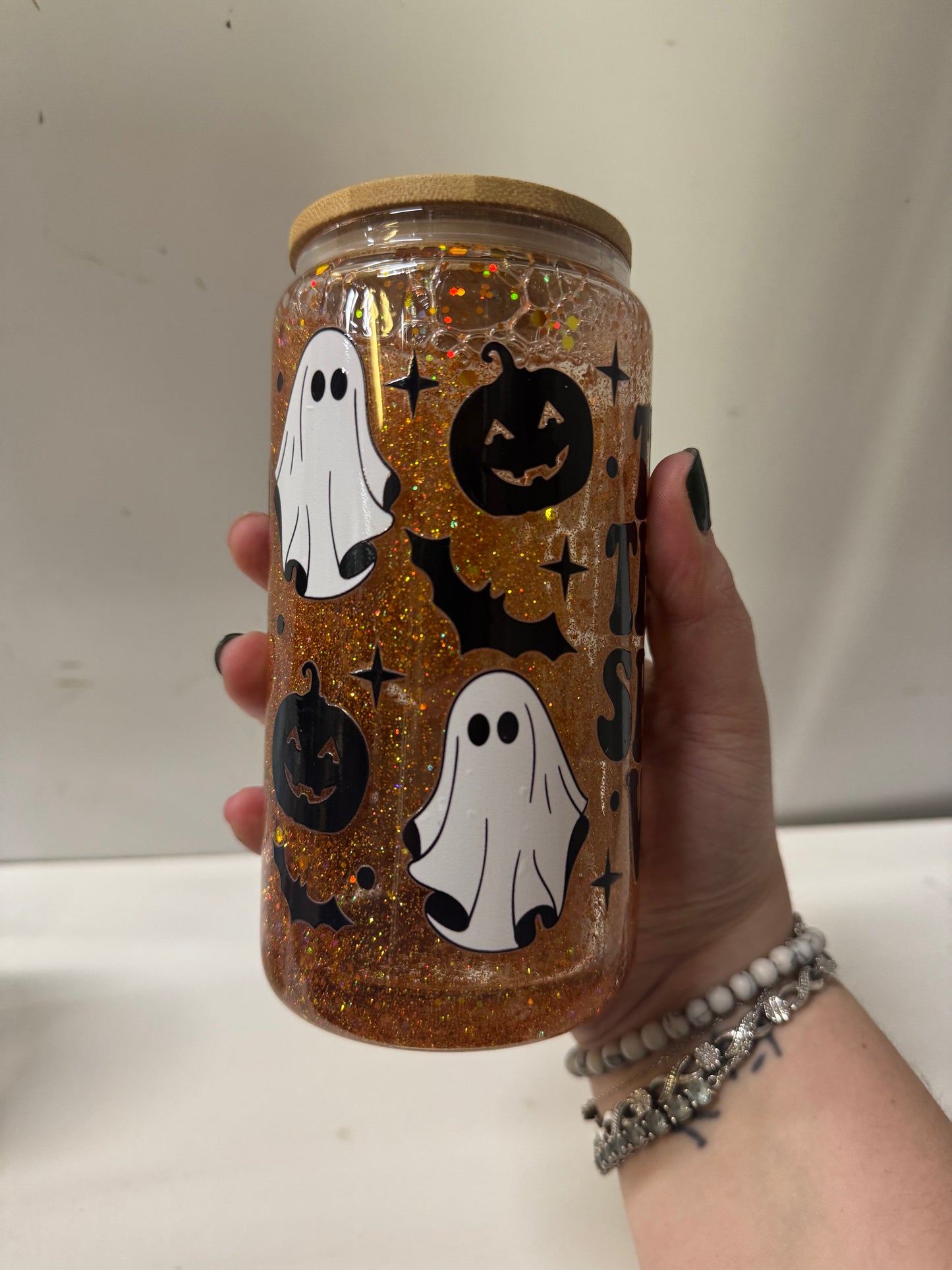 Spooky vibes double wall glitter glass cup