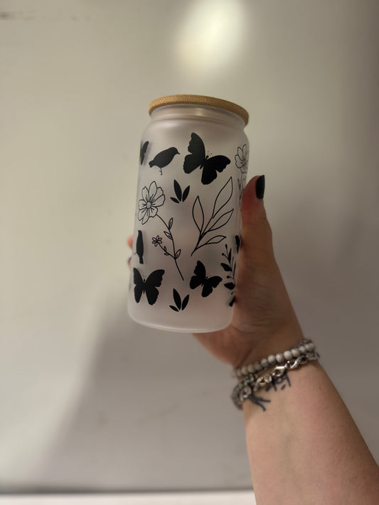 Butterfly garden frosted glass cup